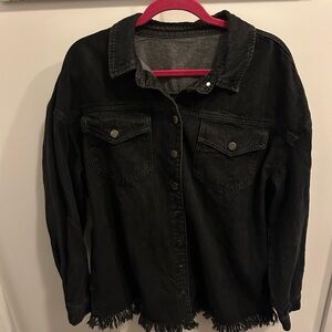 Black Denim Jacket with Fringe Hem